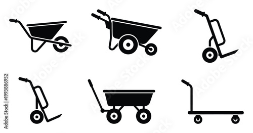 Collection of various utility carts and wheelbarrows for transporting materials and goods in garden or construction