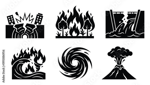 Natural disaster icons for safety warnings, depicting earthquake, wildfire, and volcano