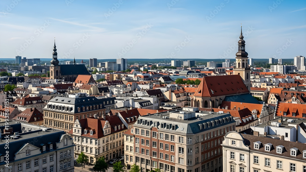 Obraz premium Aerial view of historic cityscape with old buildings and churches in Europe on a sunny day