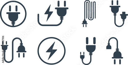 Collection of electrical power plug with various cord configurations and lightning bolt symbols in a flat dark grey style set