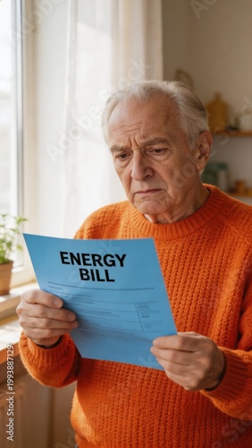 An elderly man in an orange sweater looks concerned while holding an energy bill in a bright room with a window and curtain in the background.