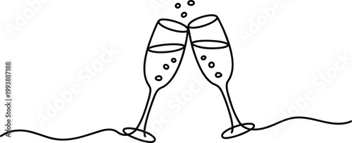 Minimalist continuous line of two champagne glasses clinking for a celebratory toast with bubbles rising in a simple black and white style