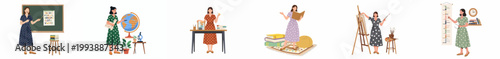 A set of illustrations showing a female teacher in different educational settings, including geography, art, mathematics, and science.