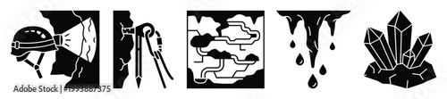Caving and speleology icons with helmet, headlamp, climbing gear, cave map, stalactites, and crystals.