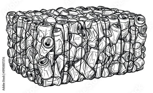 Black and white line drawing of a dense bale of crushed aluminum cans for recycling and waste management graphics