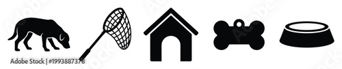 Dog and pet accessory silhouettes featuring a net, house, bone, and food bowl for animal care graphics