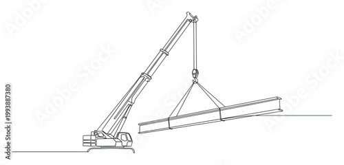 Continuous line drawing of a heavy construction crane lifting a steel Ibeam for engineering and building projects