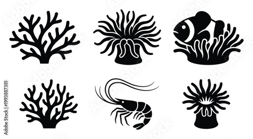 Stylized black silhouette symbols of coral, sea anemone, clownfish, and shrimp for aquatic environment graphics