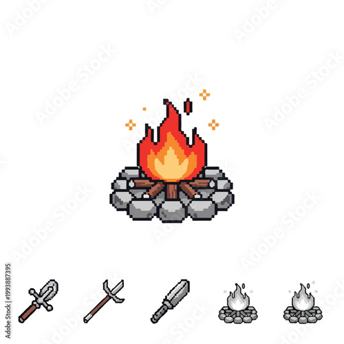 Pixel art collection featuring a vibrant lit campfire with stones and several medieval weapon icons on a clean white background.