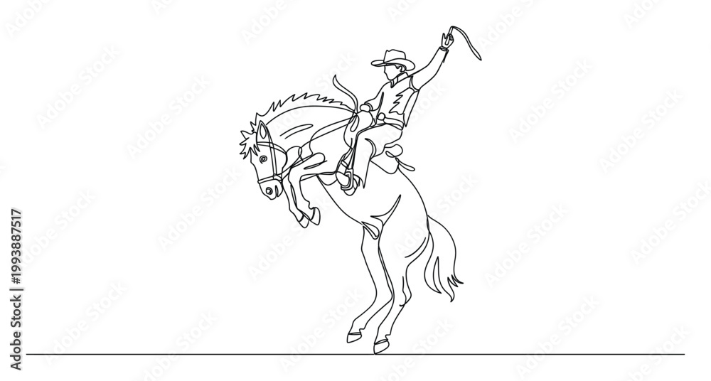 Obraz premium Line drawing of a fearless cowboy riding a bucking bronco at a wild west rodeo event