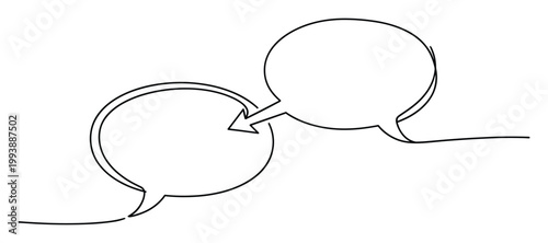 Line drawing of two speech bubbles with an arrow representing communication and interactive dialogue.