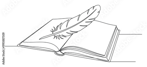 Continuous line art of open book and feather quill pen symbolizing writing, literature, and knowledge.