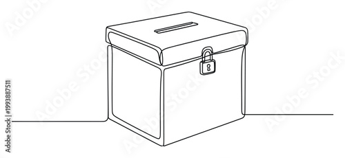 Secure ballot box with a padlock drawn in continuous line style for voting election and fundraising