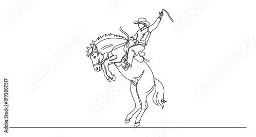 Line drawing of a fearless cowboy riding a bucking bronco at a wild west rodeo event