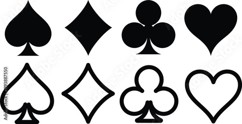 Set of playing card suit symbols including spade diamond club and heart in both solid black filled and outlined stroke styles for casino or game
