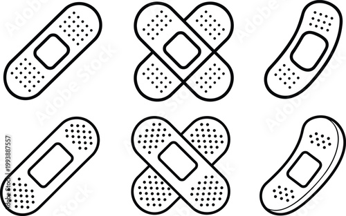Set of six medical adhesive bandage featuring outline and solid styles for first aid and healthcare on a clean white background