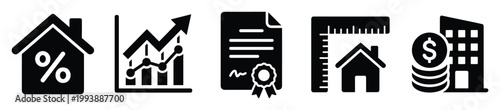 Real estate finance property investment icons depicting market growth contracts and measurement for business presentations