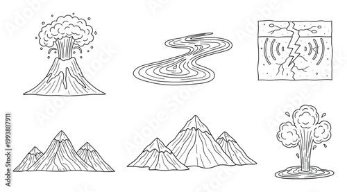 Collection of natural phenomena and geographical features in hand drawn outline style for educational content