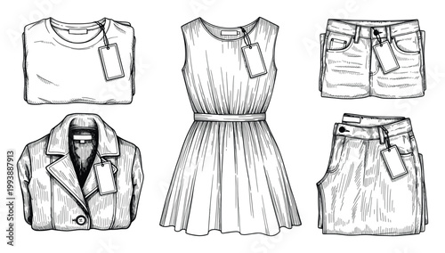 Hand drawn apparel collection with price tags perfect for retail promotions and clothing store advertisements