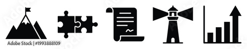 Essential business success strategy and problem solving icons for effective project management and guidance resources.