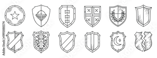 Assortment of classic medieval shields with unique heraldic emblems suitable for game interfaces and historical branding