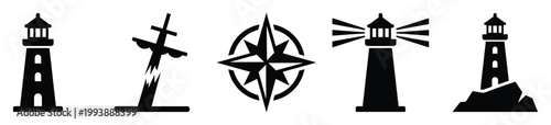 Maritime icon set featuring lighthouses, compass rose, and shipwreck for sea navigation and coastal themes