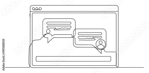 Continuous line drawing of a web browser interface displaying a twoway chat conversation for online support or messaging application