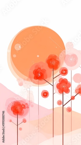 Soft Artistic Oriental Red Flower Illustration with Sunset Background for Zen Minimalist Asian Inspired Digital Art Decor