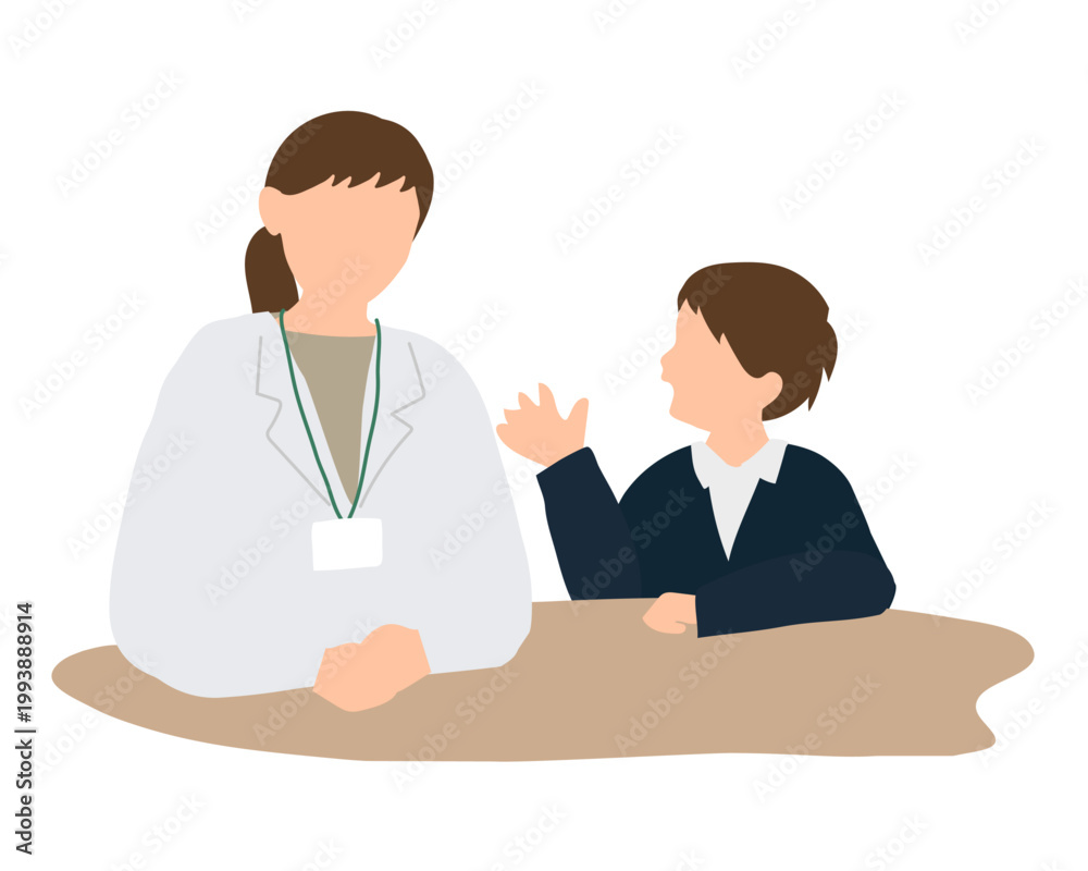 Fototapeta premium 保健室で先生と話す小学生の男の子のイラスト（前向きな会話）