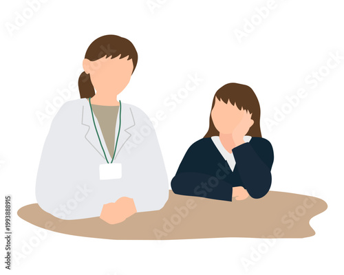 保健室で先生と前向きに話す小学生の女の子のイラスト