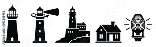 Collection of maritime navigation beacon symbols and coastal dwelling icon suitable for nautical theme projects