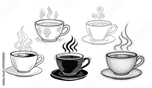 Various hand drawn hot coffee or tea cups in different sketch styles for cafe menu or beverage packaging