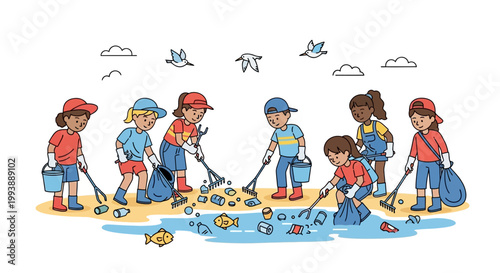 Illustrated scene of children cleaning up trash together on a beach, using rakes and wearing gloves, presented with a flat lay perspective and a cheerful, bright color palette