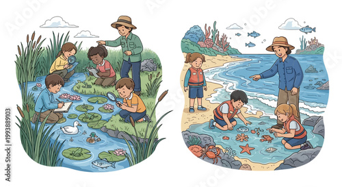 Illustrated educational scene showing children exploring nature, one group examining pond life with lily pads and another observing starfish on a sandy beach under a clear sky with detailed