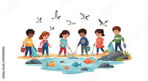 Illustrated children are cleaning up a polluted pond, picking up trash with nets and buckets, in a colorful and vibrant scene with flying birds, promoting environmental awareness