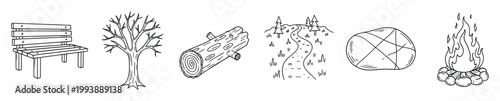 Versatile nature and outdoor activity line art collection perfect for adventure themed designs, educational content, or travel blogs.