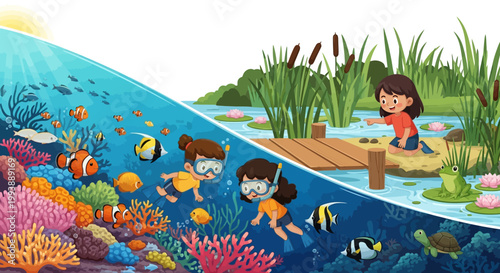 Cartoon illustration showing two young girls snorkeling among colorful coral reefs and tropical fish, contrasted with a girl sitting on a dock near cattails and wildlife in a clean, vibrant