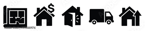 Essential real estate and housing service icons representing property planning, buying, selling, moving, and investment for online platforms