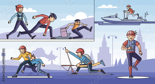 An illustration portrays various safety hazards faced by workers, including running, tripping, and using unsafe equipment, set against a cityscape with a light blue and purple color scheme
