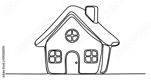 Continuous line drawing of a cozy small house with windows and a door, ideal for real estate, home ownership, and childhood themes