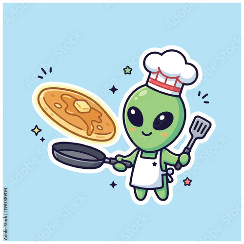 Photos Cute alien chef flipping a pancake with a spatula.
