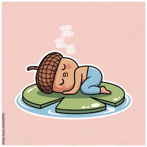 Cute Acorn Character Sleeping Peacefully on Lily Pads.