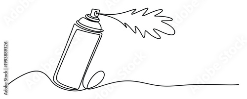 Continuous line drawing of an aerosol spray can with dynamic paint plume for contemporary graphic projects and creative marketing visuals