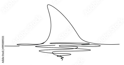 A continuous single line drawing illustrates a shark fin surfacing from the ocean with wavy water below for marine themes
