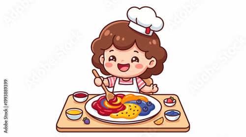 Cheerful toddler girl eating colorful fruit puree with a wooden spoon at a table, vector illustration.