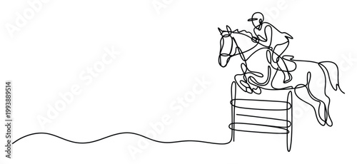 Single line drawing of a horseback rider jumping over an obstacle, perfect for equestrian sports events and graphic design projects