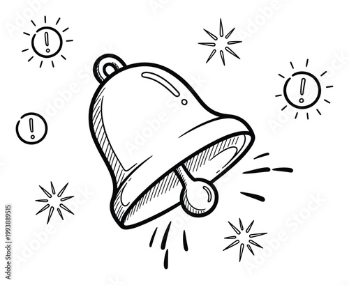 Handdrawn ringing bell with alert symbols representing notification importance for app interfaces and informational communications