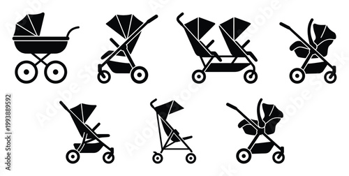 Baby stroller collection featuring various modern and traditional pram and carriage icons for infant care product websites