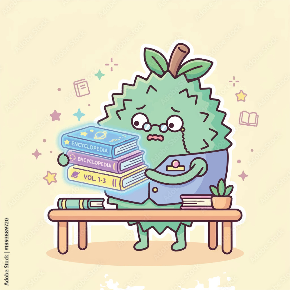 Fototapeta premium Cute Durian Character Wearing Glasses Holding Stack of Books.