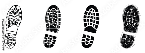 Collection of boot prints with various sole patterns useful for representing outdoor activities or forensic evidence